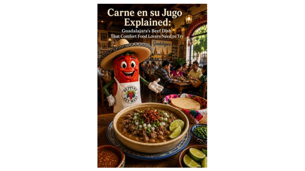 Teaching Peppers of Key West mascot with authentic carne en su jugo inside a traditional Guadalajara fonda in Jalisco, Mexico.