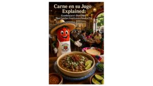 Teaching Peppers of Key West mascot with authentic carne en su jugo inside a traditional Guadalajara fonda in Jalisco, Mexico.