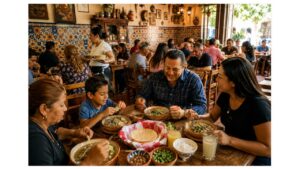 Families enjoy authentic carne en su jugo inside a traditional neighborhood fonda in Guadalajara, Jalisco, during a busy lunchtime.