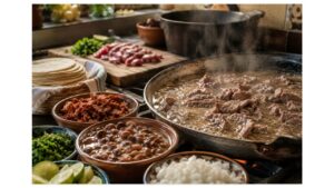 Traditional Guadalajara cook prepares authentic carne en su jugo with simmering beef, crispy bacon, pinto beans, fresh cilantro, onions, lime, and handmade corn tortillas.