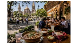 Locals enjoy authentic carne en su jugo at a traditional outdoor restaurant in Guadalajara's historic center surrounded by colonial architecture and everyday city life.
