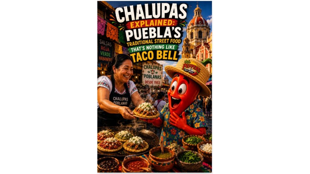 Hero illustration of a smiling Peppers of Key West red pepper mascot wearing a straw hat with a small Peppers of Key West logo as a friendly Puebla street vendor hands him his first authentic chalupa in a colorful Mexican market.