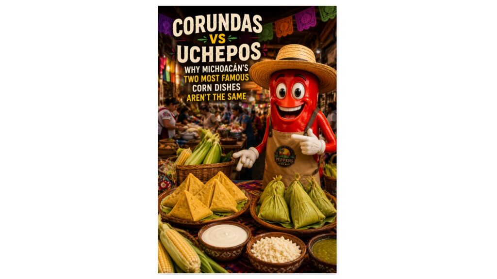 Teaching pepper mascot in a traditional Michoacán market comparing authentic corundas and uchepos beneath the title "Corundas vs Uchepos: Why Michoacán's Two Most Famous Corn Dishes Aren't the Same."