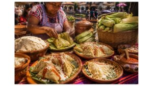 A local cook unwraps traditional triangular corundas at an outdoor market in Pátzcuaro, Michoacán, served with crema, queso fresco, and salsa roja.