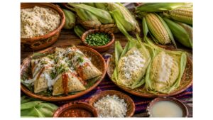 Authentic corundas and uchepos displayed side by side on a rustic table in Michoacán with crema, queso fresco, salsa roja, fresh corn, and green corn husks.