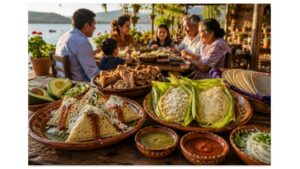 Traditional corundas, uchepos, and carnitas served at a lakeside family restaurant overlooking Lake Pátzcuaro in Michoacán, Mexico.