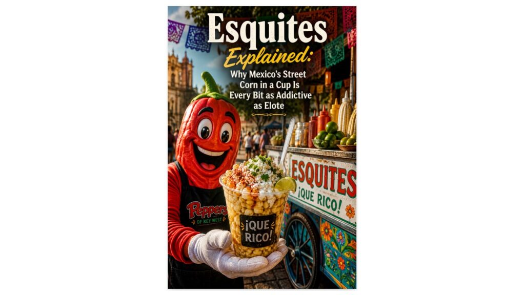 Peppers of Key West teaching red pepper mascot presenting authentic Mexican esquites topped with Cotija cheese, crema, chile powder, cilantro, and lime beside a colorful street food cart.