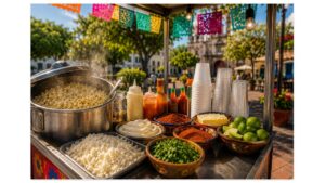 Authentic Mexican esquites street-food cart with steaming corn, Cotija cheese, crema, chile powder, fresh cilantro, lime wedges, and serving cups in a colorful town plaza.