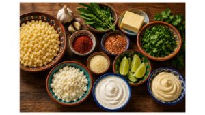 Traditional Mexican esquites ingredients including fresh corn kernels, Cotija cheese, Mexican crema, mayonnaise, epazote, butter, Tajín, chile powder, cilantro, garlic, and fresh lime arranged on a rustic wooden table.