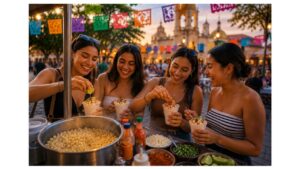 Friends enjoying authentic Mexican esquites in a lively town plaza, adding fresh lime and chile to steaming cups of traditional street corn at an esquites cart.