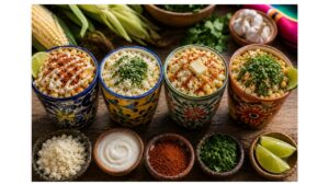 Four authentic regional styles of Mexican esquites served in colorful ceramic cups with Cotija cheese, crema, Tajín, cilantro, lime, and traditional street corn toppings.