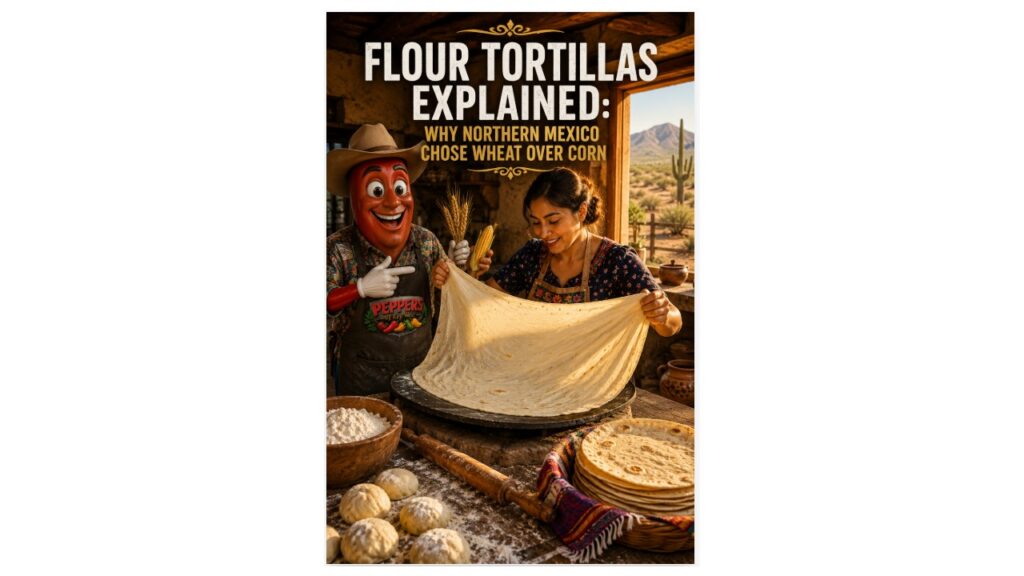 Professor Pepper teaches the history of Northern Mexico's handmade Sonoran flour tortillas as a woman stretches a giant tortilla over a traditional comal.