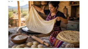 A young Mexican woman stretches a giant handmade Sonoran flour tortilla over a hot comal in a rustic ranch kitchen in Northern Mexico.
