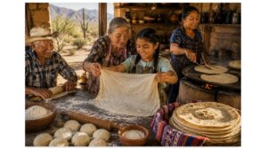 Three generations of a Mexican family prepare handmade Sonoran flour tortillas together in a rustic ranch kitchen in Northern Mexico.