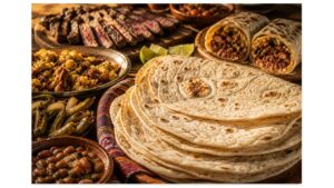 A close-up of handmade Sonoran flour tortillas served with carne asada, burros, machaca, charro beans, roasted green chiles, and fresh salsa on a rustic ranch table.
