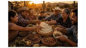 A multigenerational Mexican family shares handmade Sonoran flour tortillas during a traditional outdoor ranch dinner at sunset in Northern Mexico.