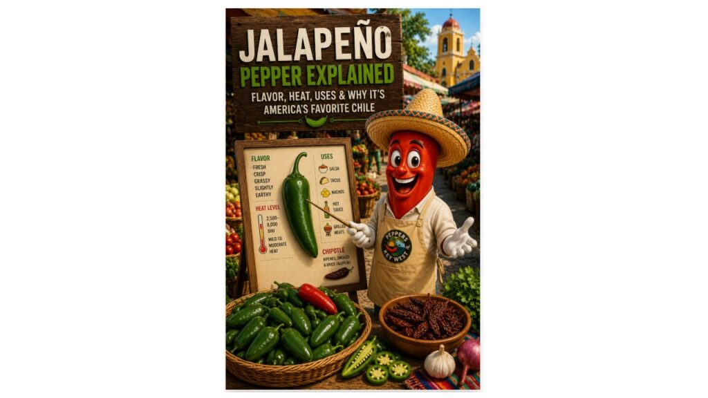 Jalapeño Pepper Explained hero image with Peppers of Key West teaching mascot in a Mexican market surrounded by fresh green and red jalapeño peppers.