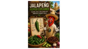 Jalapeño Pepper Explained hero image with Peppers of Key West teaching mascot in a Mexican market surrounded by fresh green and red jalapeño peppers.