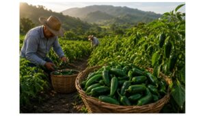 Jalapeño peppers growing on a family farm near Xalapa, Veracruz, Mexico, with farmers harvesting fresh green chiles.