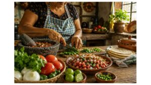 A home cook preparing fresh pico de gallo with jalapeños, tomatoes, onions, cilantro, and limes in an authentic Mexican kitchen.