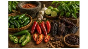 Fresh green jalapeños, ripe red jalapeños, and smoked chipotle peppers displayed side by side to show the jalapeño's transformation.