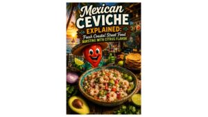 Peppers of Key West teaching pepper mascot presenting authentic Mexican shrimp ceviche with fresh lime, avocado, cilantro, tomatoes, and crispy tostadas in a tropical coastal setting.