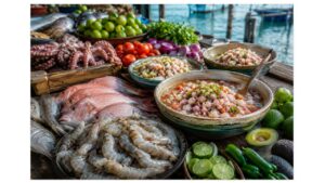 Authentic Mexican seafood market featuring fresh shrimp, snapper, octopus, limes, vegetables, and bowls of traditional shrimp ceviche.