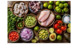 Authentic Mexican ceviche ingredients including fresh shrimp, snapper, octopus, limes, tomatoes, cilantro, red onion, jalapeños, cucumber, avocado, and sea salt arranged on a rustic wooden table.