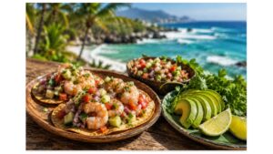 Authentic Mexican shrimp ceviche served on crispy tostadas with avocado, fresh lime wedges, cilantro, and colorful vegetables overlooking a tropical Mexican coastline.