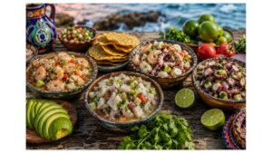 Four authentic styles of Mexican ceviche including shrimp, white fish, mixed seafood, and octopus ceviche served in rustic ceramic bowls with fresh limes, avocado, cilantro, and tostadas.