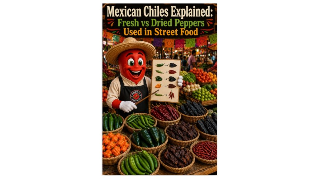 Mexican Chiles Explained hero image featuring fresh and dried Mexican peppers in an authentic Oaxaca market with the Peppers of Key West teaching mascot.