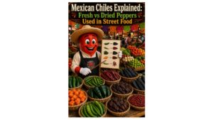 Mexican Chiles Explained hero image featuring fresh and dried Mexican peppers in an authentic Oaxaca market with the Peppers of Key West teaching mascot.