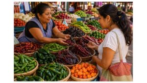 Authentic Mexican market vendor helping a customer compare fresh and dried chiles in a traditional Oaxaca mercado.