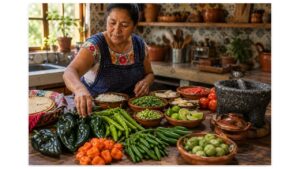 Authentic Mexican home cook preparing fresh chiles for traditional street food recipes in a rustic farmhouse kitchen.