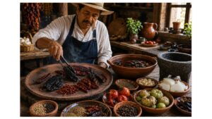 Traditional Mexican cook toasting dried ancho, guajillo, pasilla, chipotle, and chile de árbol peppers on a clay comal in a rustic farmhouse kitchen.