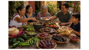 Three generations of a Mexican family enjoying an outdoor meal with authentic regional dishes featuring fresh and dried chiles.