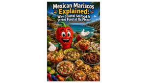 Peppers of Key West teaching pepper mascot presenting an authentic Mexican mariscos feast featuring shrimp ceviche, aguachile, seafood cocktails, grilled octopus, oysters, seafood tostadas, fresh lime, avocado, and coastal Mexican scenery.