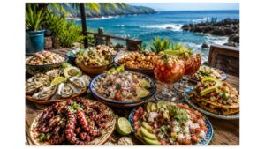 Authentic Mexican mariscos feast featuring shrimp ceviche, seafood cocktails, grilled octopus, oysters, seafood tostadas, fresh lime, avocado, and colorful ceramic dishes overlooking the Pacific coast.