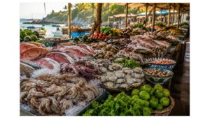 Authentic open-air Mexican seafood market featuring fresh shrimp, snapper, oysters, octopus, clams, colorful produce, and rustic vendor stalls along the Pacific coast.