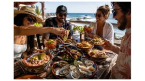 Friends enjoying an authentic Mexican mariscos feast at a seaside marisquería featuring shrimp ceviche, seafood cocktails, grilled octopus, oysters, seafood tostadas, and fresh lime overlooking the Pacific Ocean.