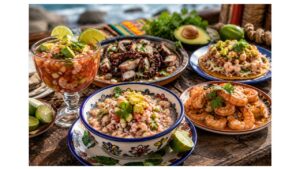 Four authentic Mexican mariscos specialties including shrimp ceviche, shrimp cocktail, grilled octopus, and seafood tostadas served on colorful ceramic plates with fresh lime, avocado, and cilantro.