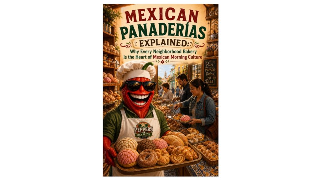 Professor Pepper welcomes visitors inside a traditional Mexican panadería filled with fresh conchas, bolillos, pan dulce, and customers selecting pastries with trays.