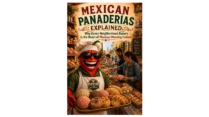 Professor Pepper welcomes visitors inside a traditional Mexican panadería filled with fresh conchas, bolillos, pan dulce, and customers selecting pastries with trays.