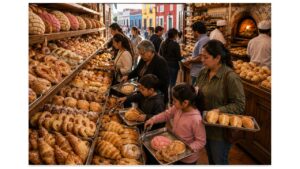 Families browse fresh conchas, bolillos, orejas, cuernitos, and other traditional breads inside a busy neighborhood Mexican panadería during the morning rush.