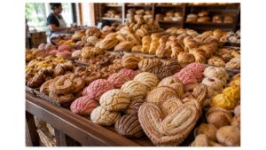 Traditional Mexican panadería display overflowing with fresh conchas, bolillos, orejas, cuernitos, empanadas, and other authentic pan dulce arranged on rustic wooden shelves inside a neighborhood bakery.