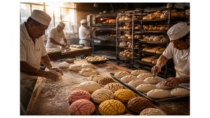 Mexican bakers hand-shaping dough inside a traditional panadería as fresh conchas, bolillos, teleras, and other breads bake before sunrise.