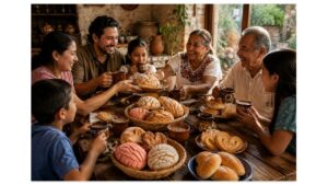 Multigenerational Mexican family enjoying fresh conchas, bolillos, teleras, orejas, and pan dulce together at a traditional breakfast table.