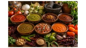 Authentic Mexican salsa bar featuring salsa roja, salsa verde, salsa macha, salsa borracha, salsa taquera, and pico de gallo served in rustic ceramic bowls beside a traditional molcajete.