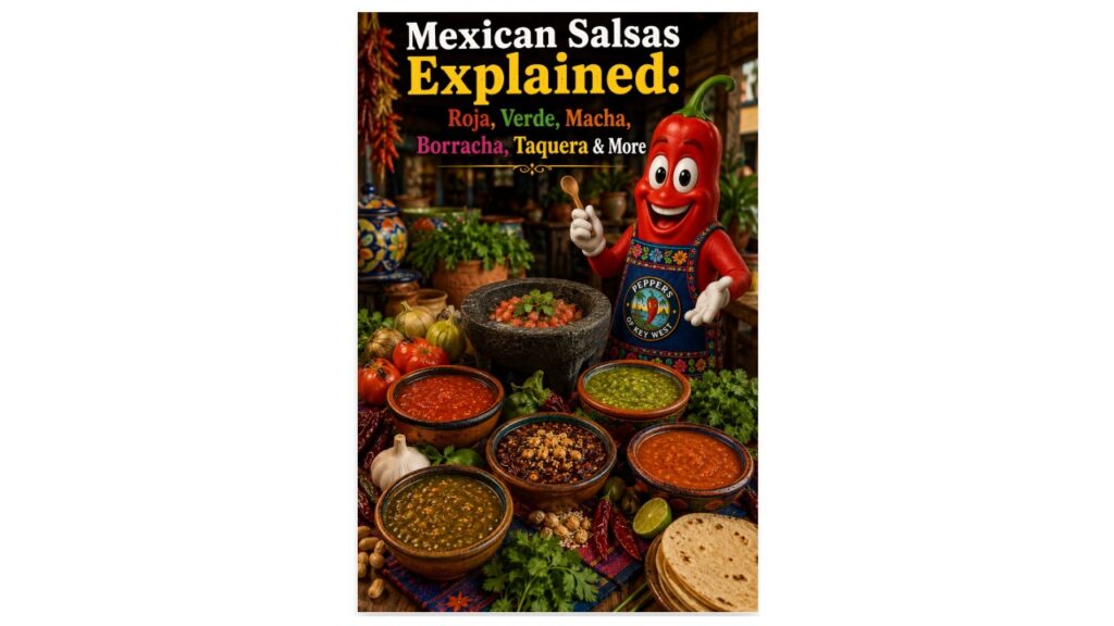 Mexican salsas explained with salsa roja, salsa verde, salsa macha, salsa borracha, salsa taquera, and the Peppers of Key West mascot teaching in an authentic Mexican market.
