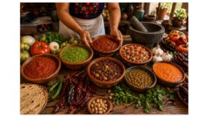 Authentic Mexican cook arranging salsa roja, salsa verde, salsa macha, salsa borracha, salsa taquera, pico de gallo, and habanero salsa in a traditional Mexican kitchen.